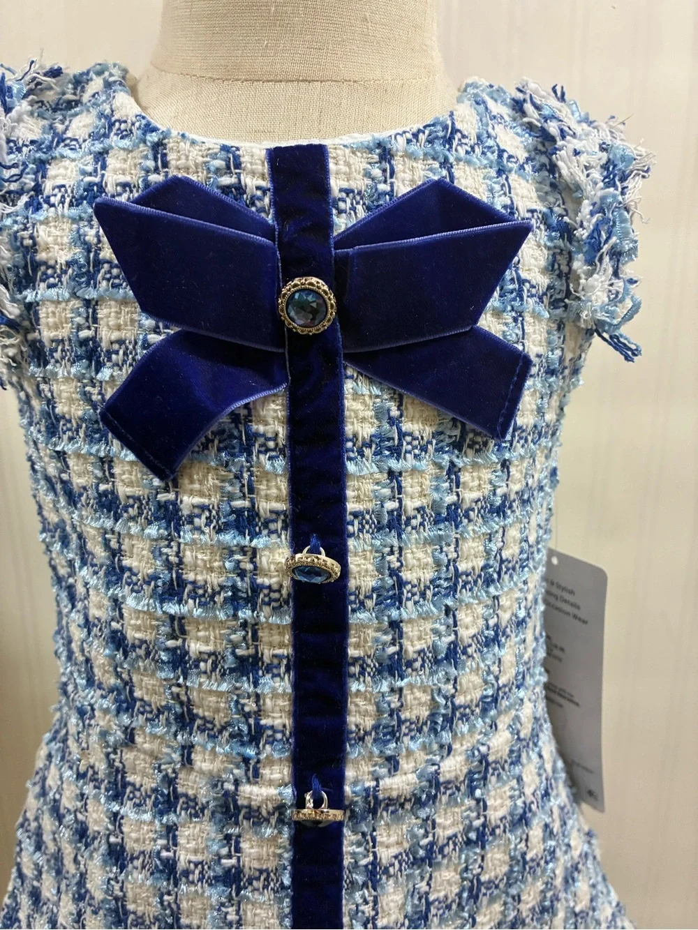 Blue Tweed Girls Dress with Velvet Bow